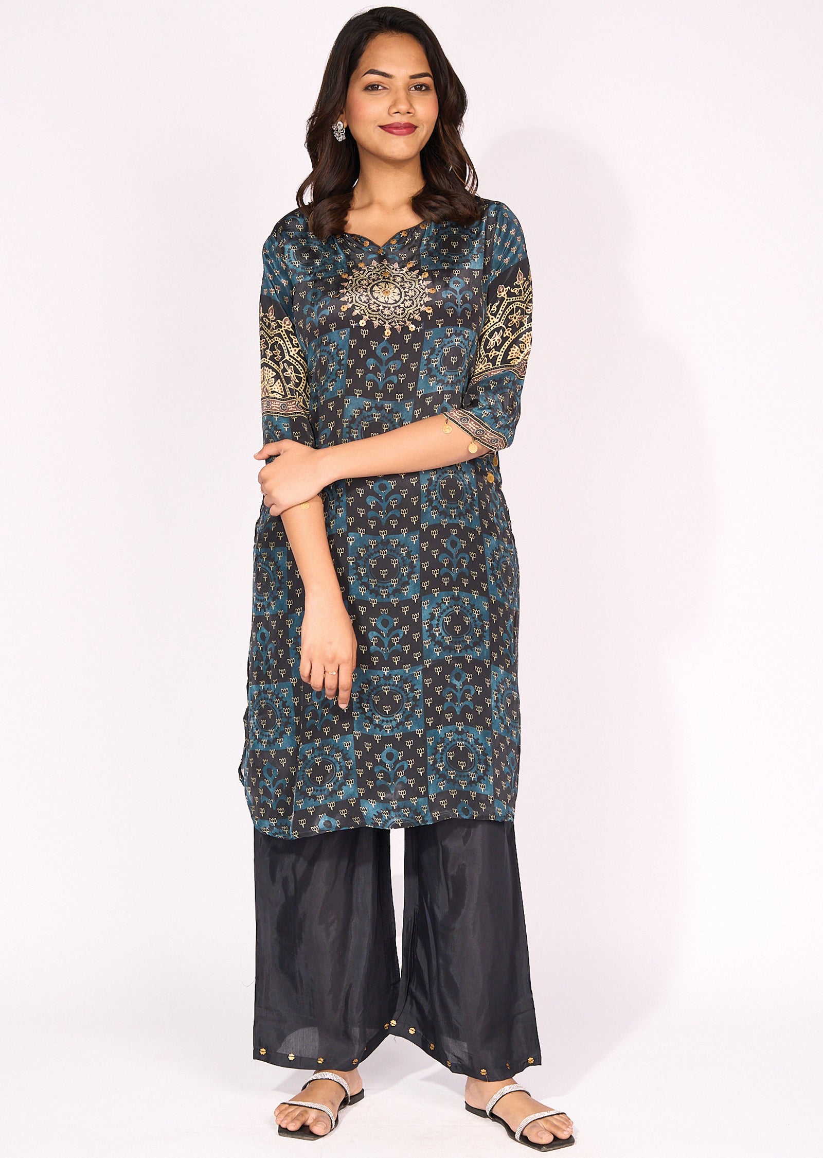 Teal Blue Crepe straight cut set