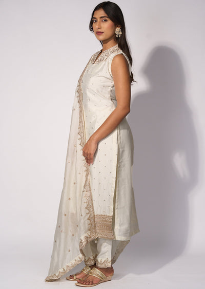 White Silk Straight cut kurti Set