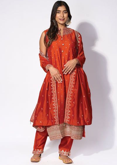 Rust Silk Straight cut kurti Set