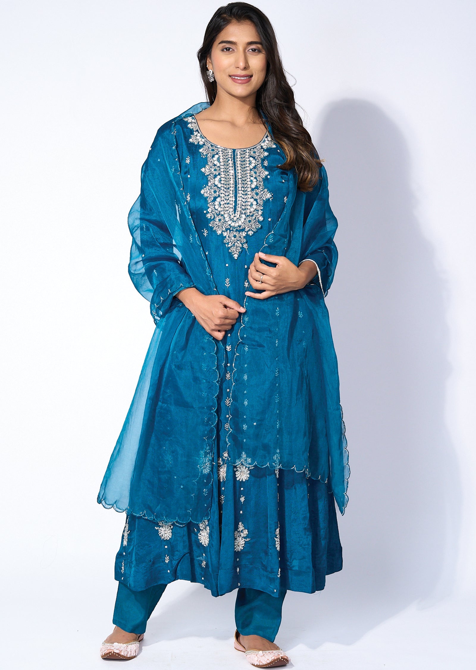 Teal blue chinnon Anarkali