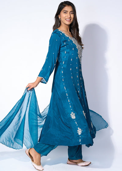 Teal blue chinnon Anarkali