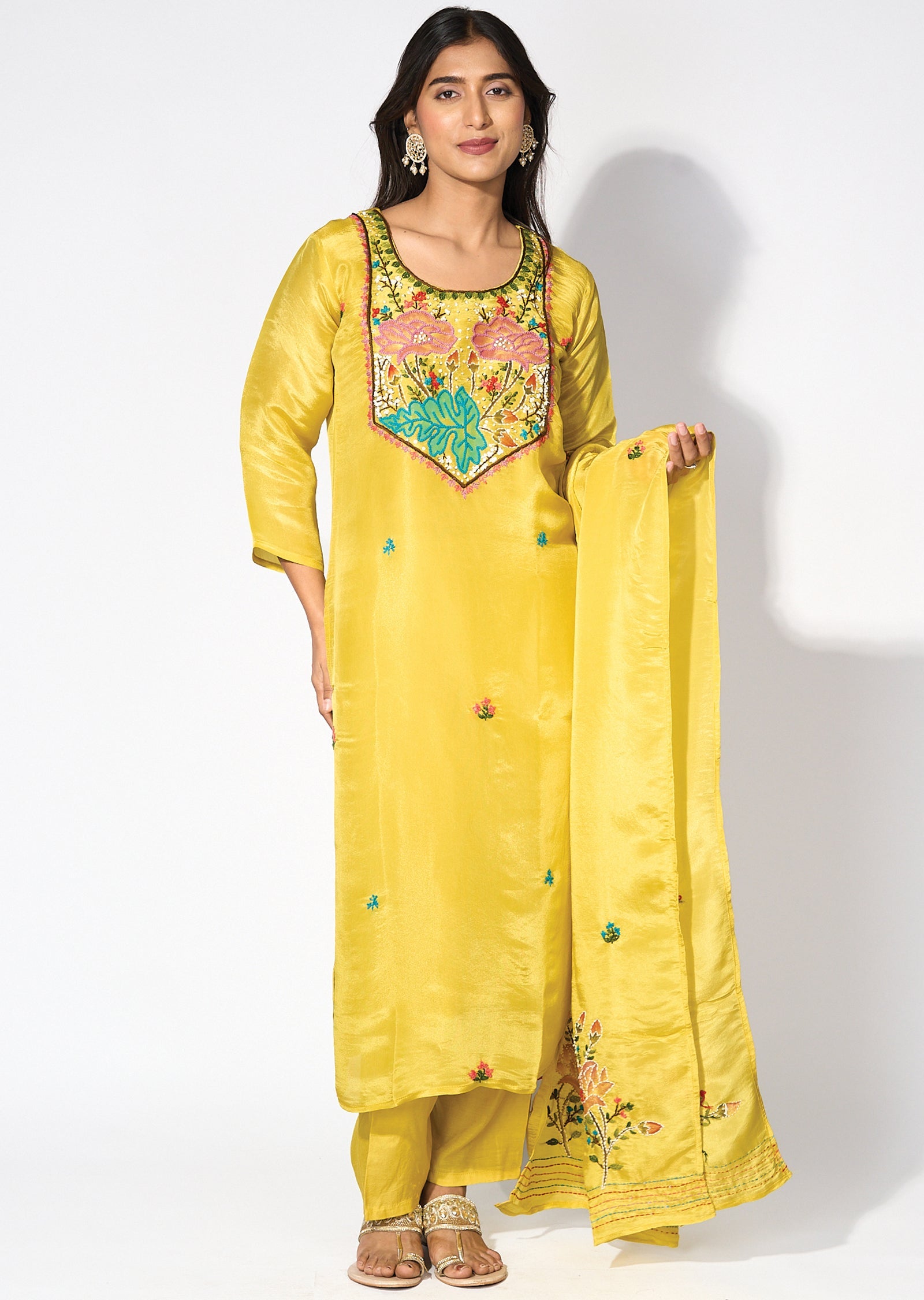 Yellow Tissue Straight cut kurti Set