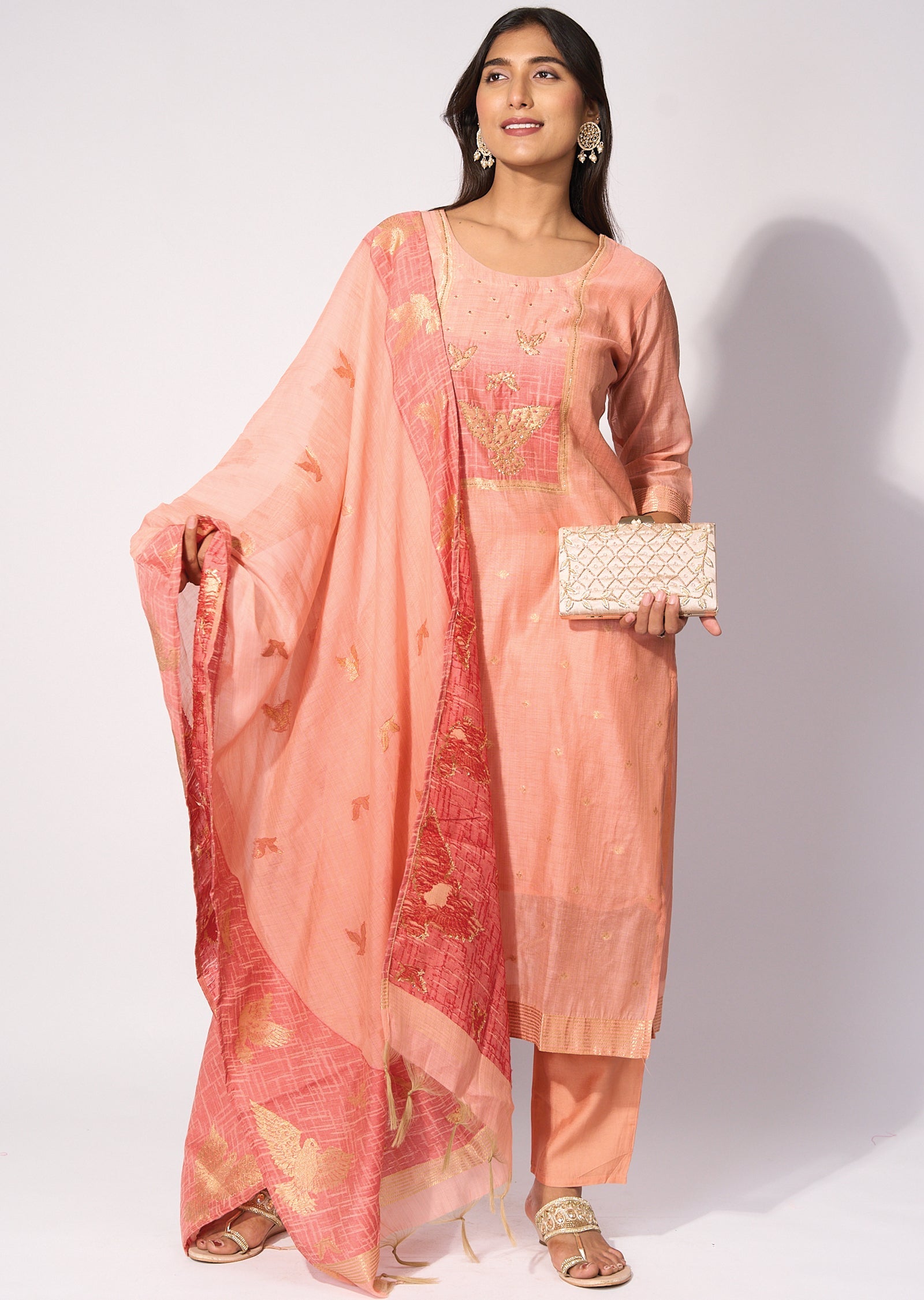 Peach Silk Straight cut kurti Set