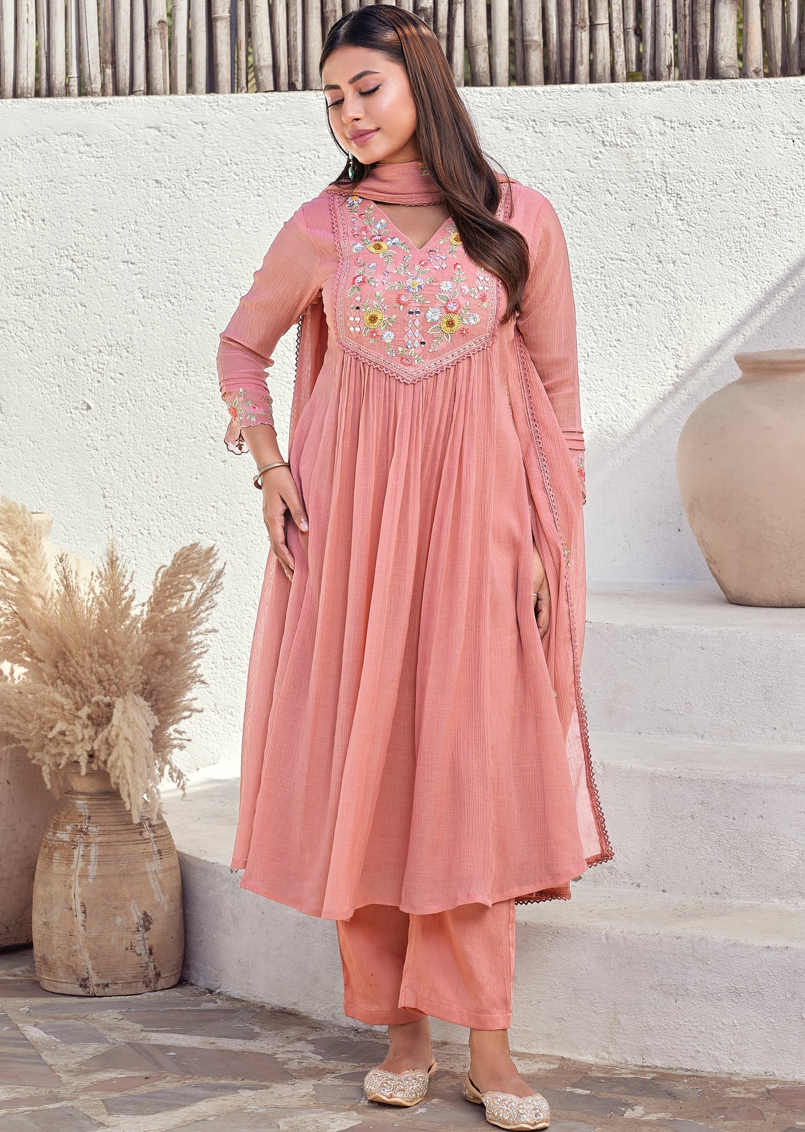 Pink Mul chanderi Anarkali