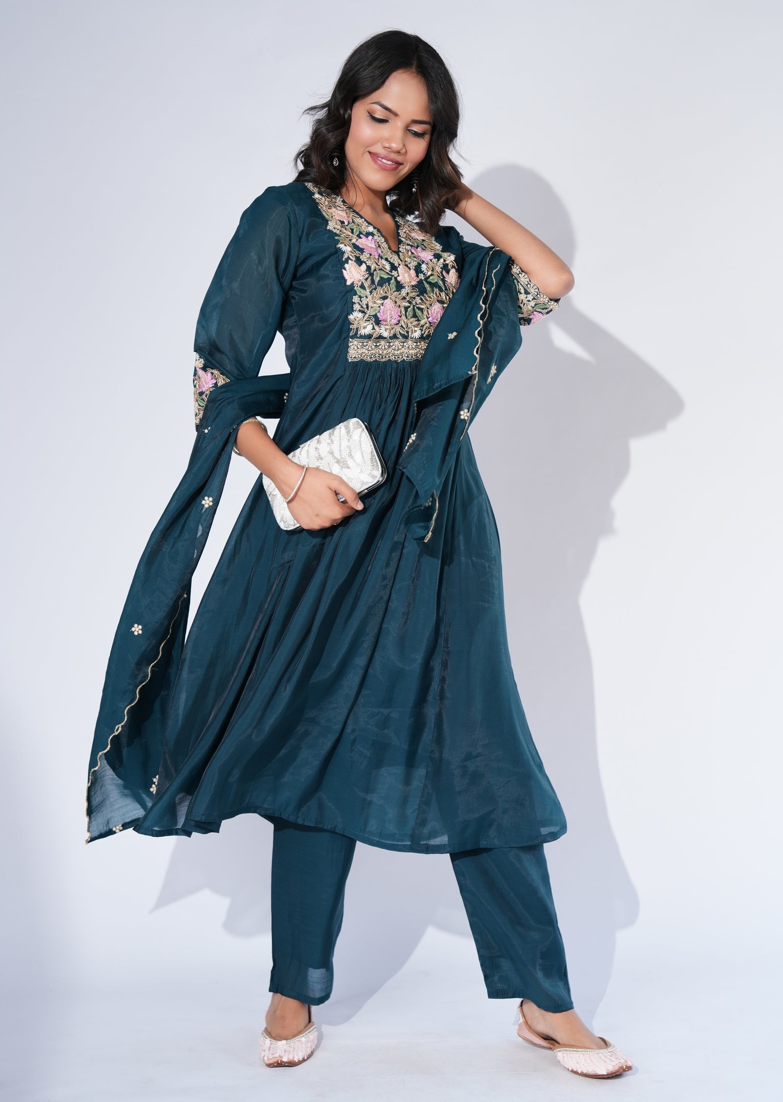 Green Mul Chanderi Anarkali Suit