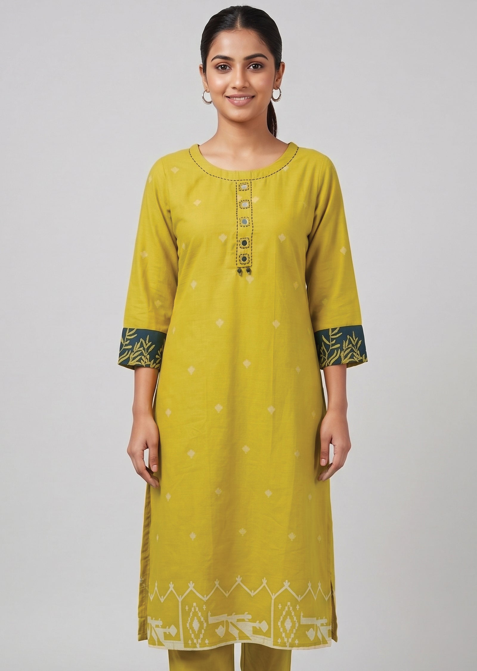 Yellow Cotton Straight cut Kurti set