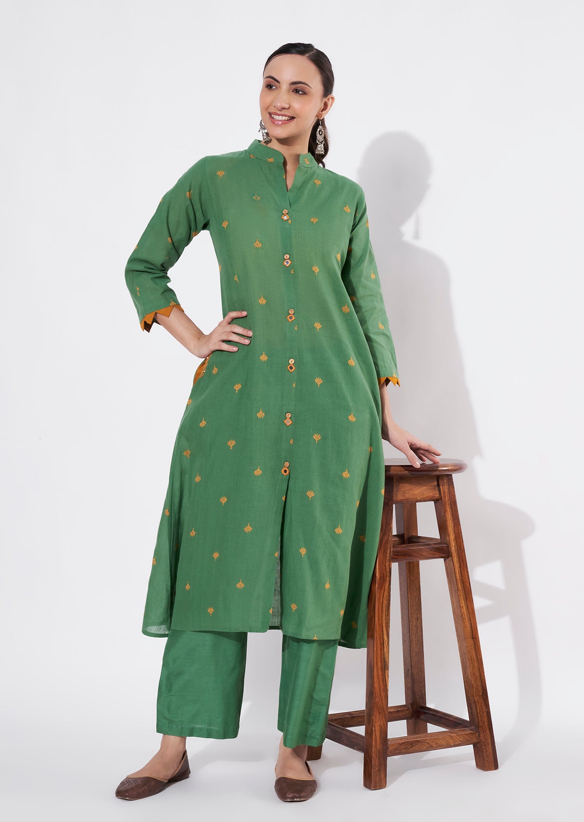 Mehndi Green Cotton Frock style kurti set