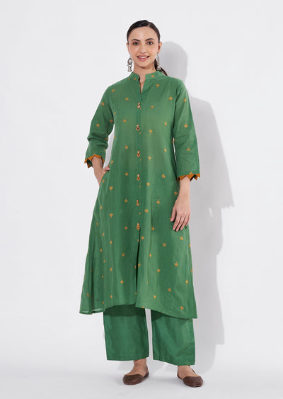 Mehndi Green Cotton Frock style kurti set