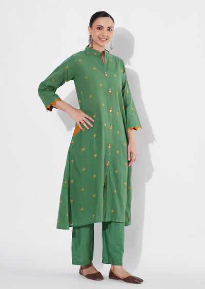 Mehndi Green Cotton Frock style kurti set