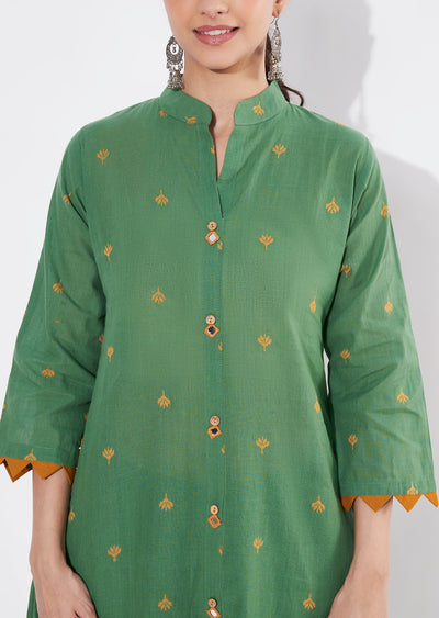 Mehndi Green Cotton Frock style kurti set