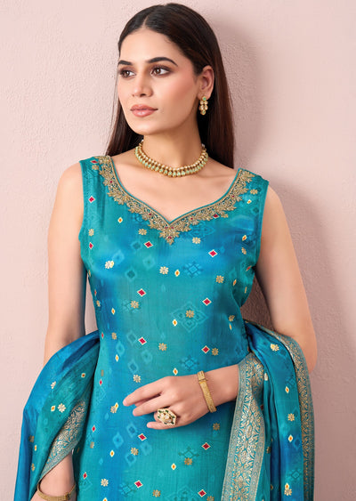 Blue Pink Silk Straight cut suit