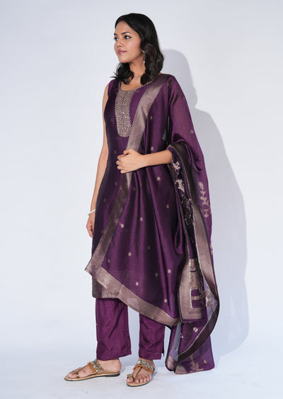Purple Silk Straight cut Suit