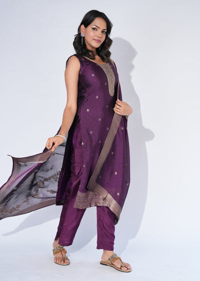 Purple Silk Straight cut Suit