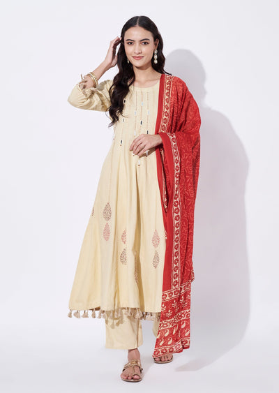 Beige Cotton Anarkali Suit