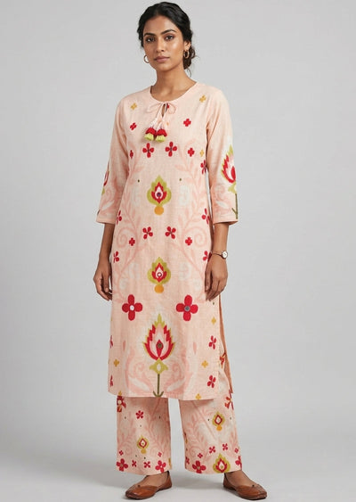 Peach printed Cotton Kurti Set