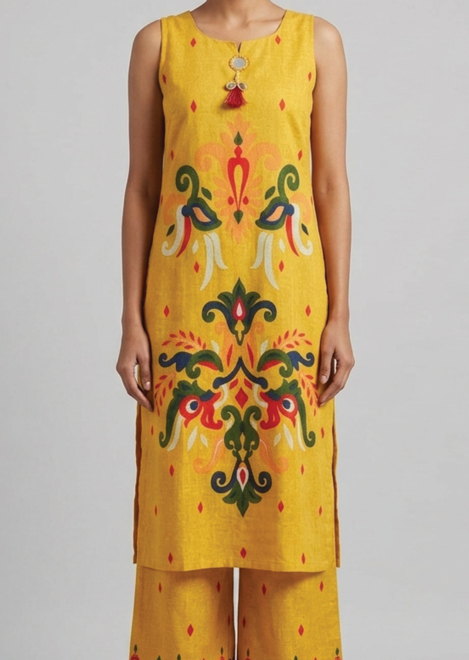Yellow Cotton Straight cut Kurti set