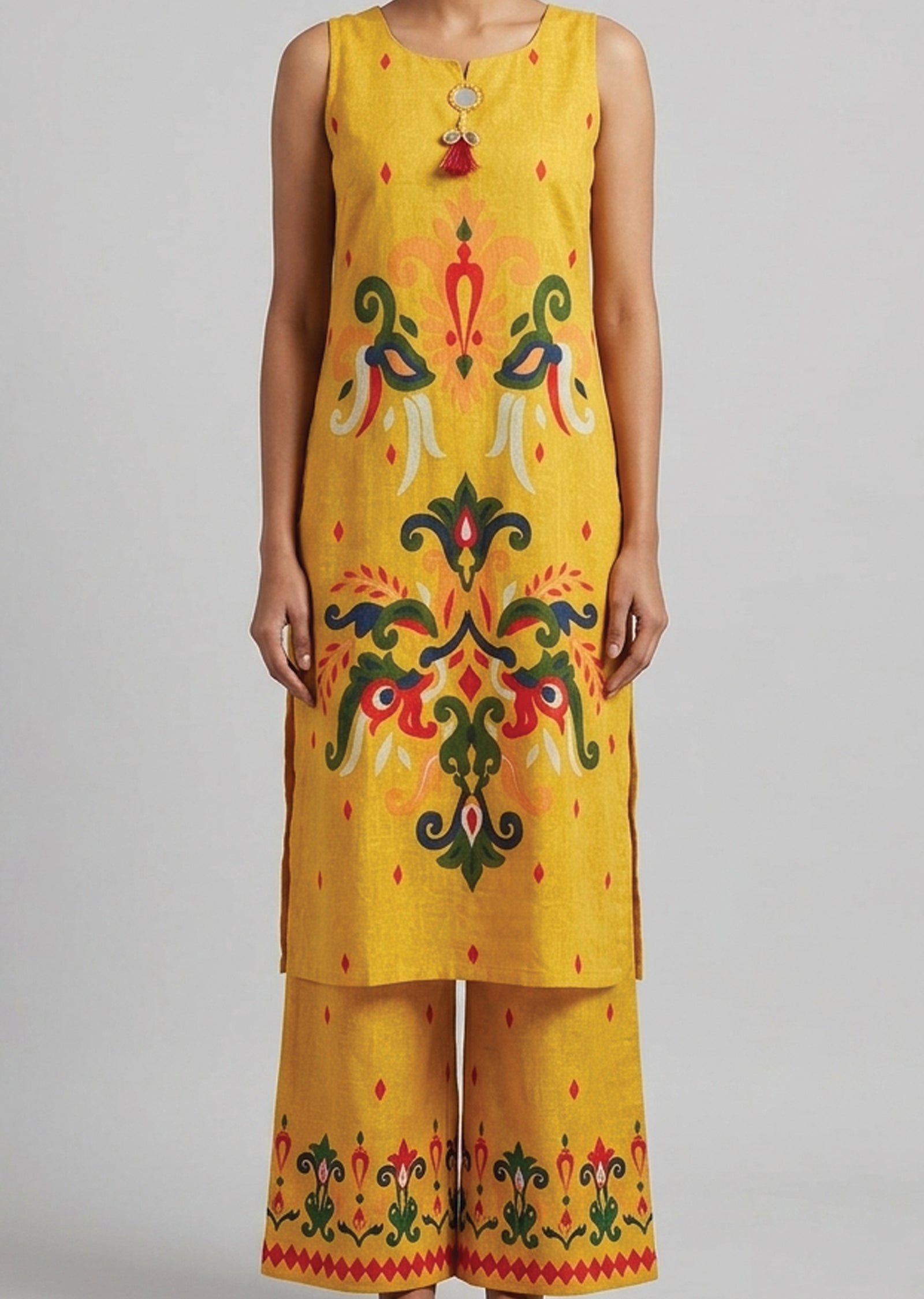 Yellow Cotton Straight cut Kurti set