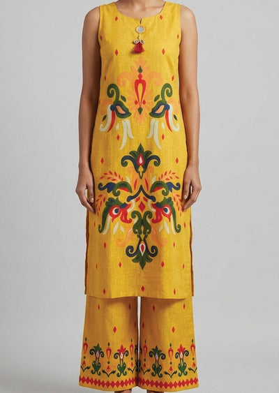 Yellow Cotton Straight cut Kurti set