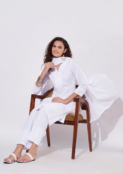 White Cotton Straight cut Suit