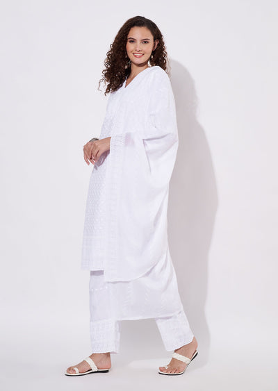 White Cotton Straight cut Suit