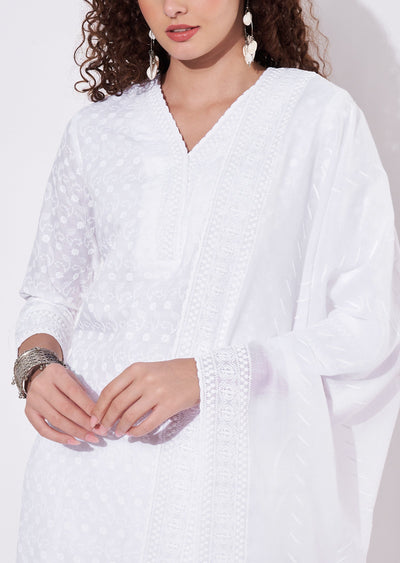 White Cotton Straight cut Suit
