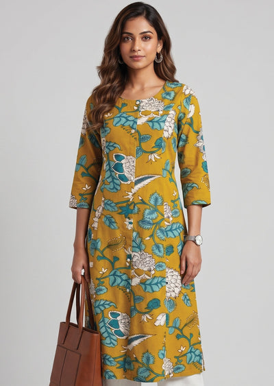 Mustard Printed Cotton Kurti Set