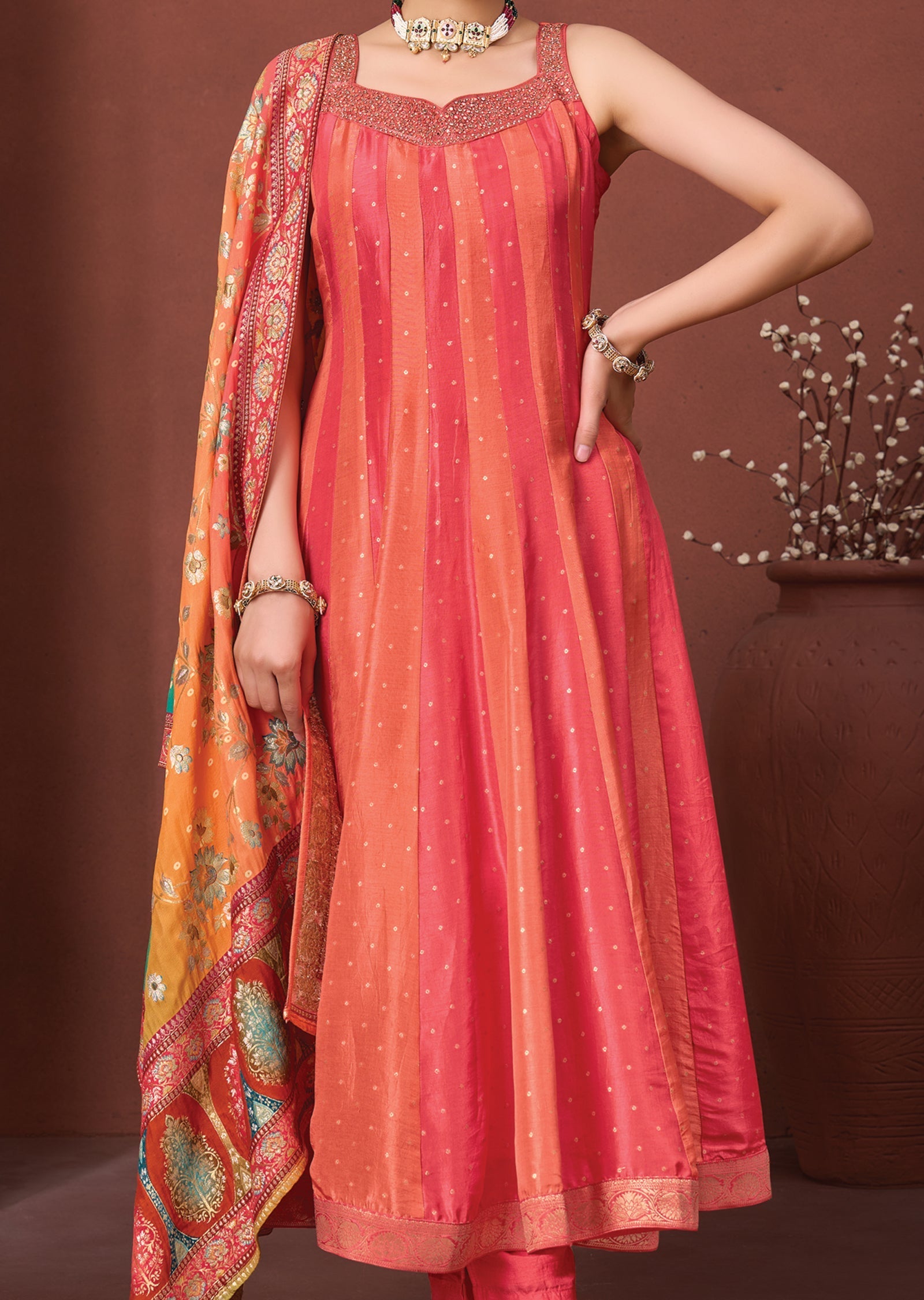Coral Silk Anarkali Suit