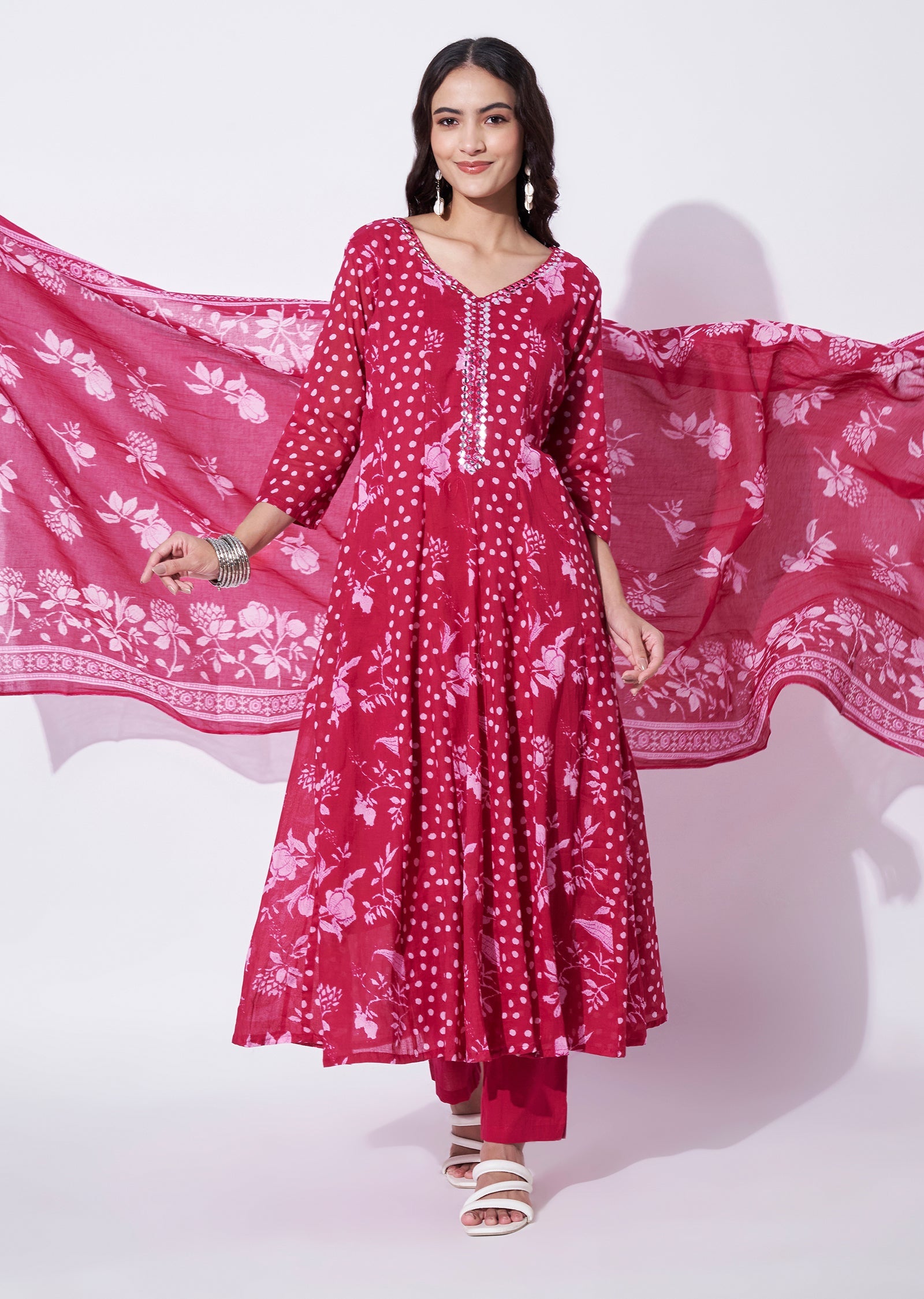 Rani Pink Cotton Anarkali Suit