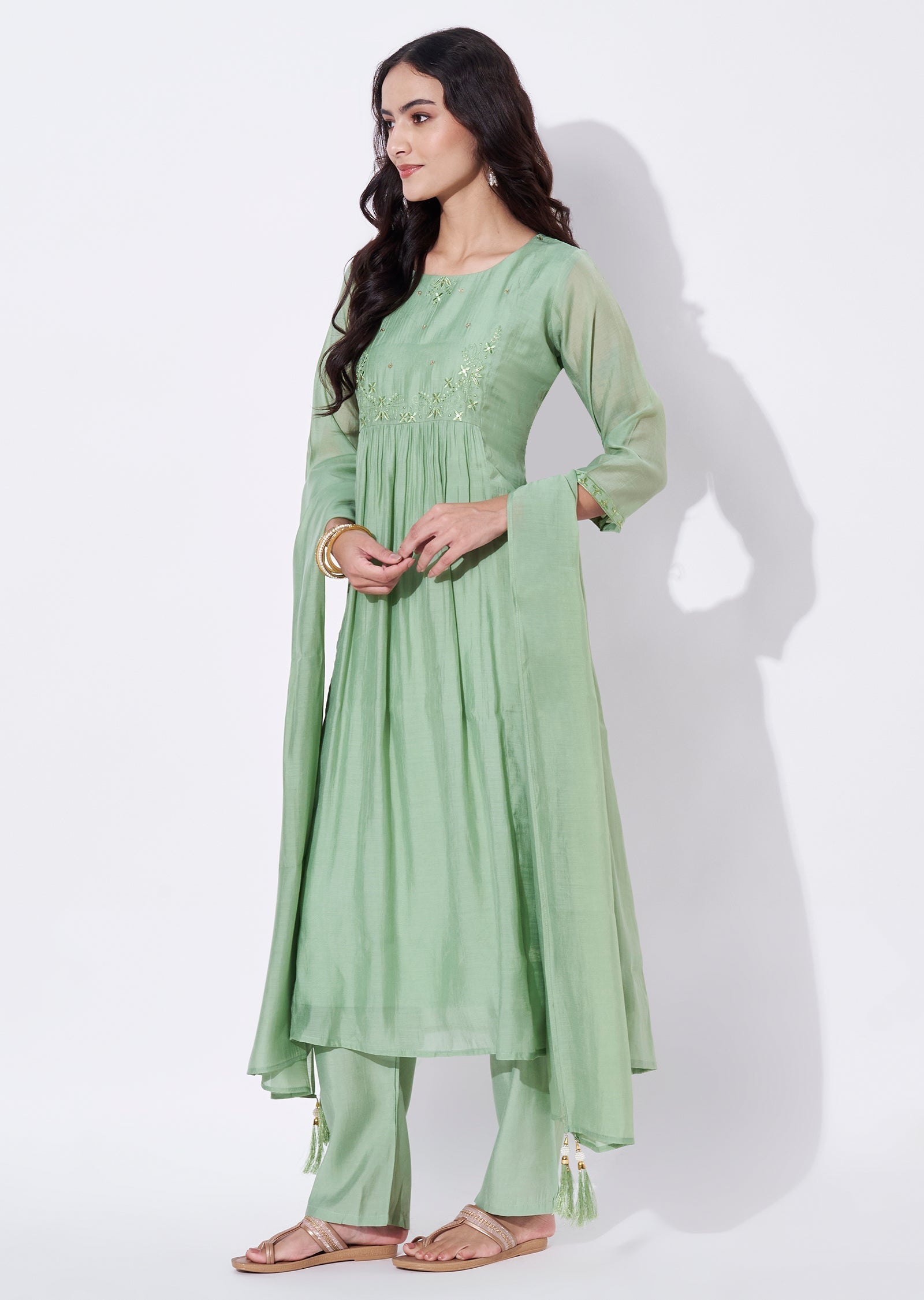 Green Mul Chanderi Anarkali Suit