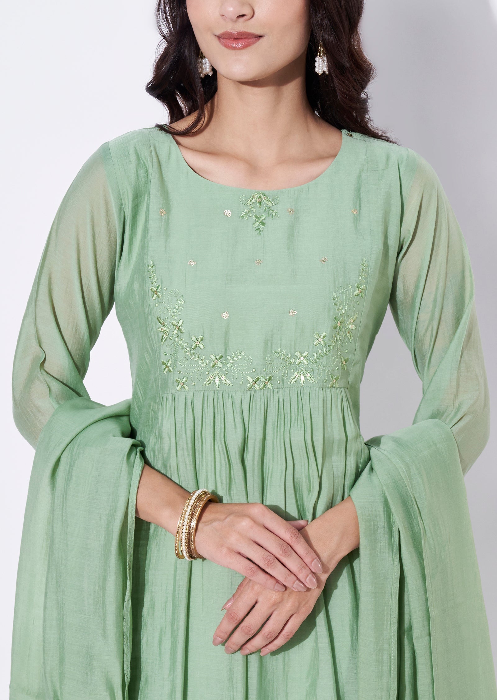 Green Mul Chanderi Anarkali Suit