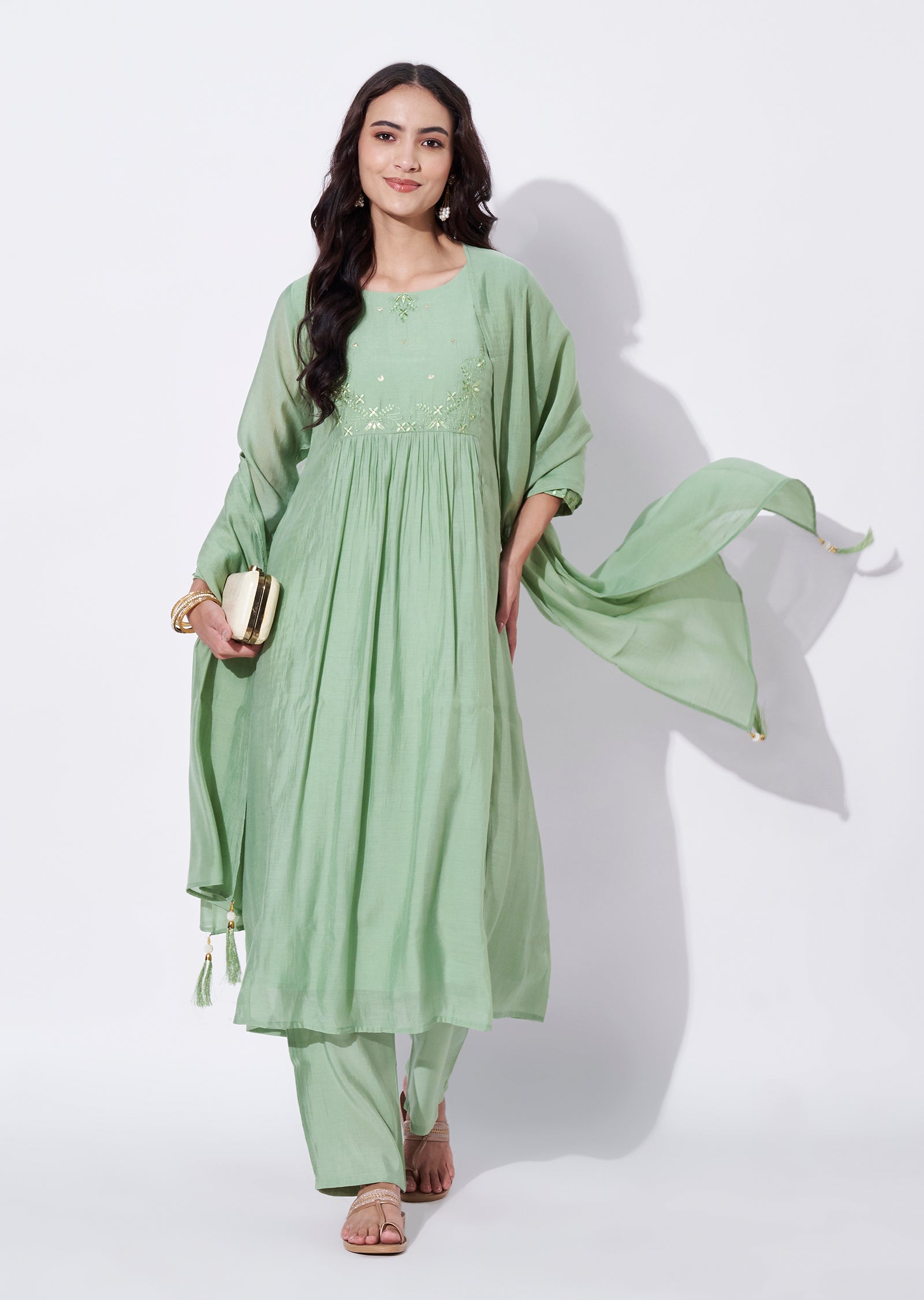 Green Mul Chanderi Anarkali Suit
