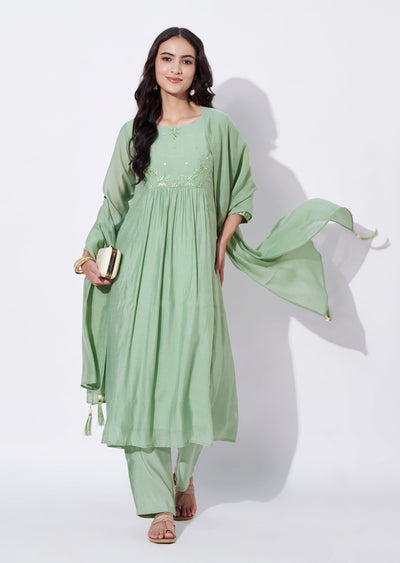 Green Mul Chanderi Anarkali Suit