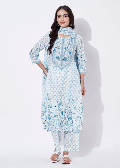 Blue Cotton Straight cut Suit