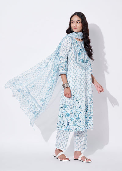 Blue Cotton Straight cut Suit