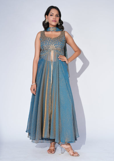 Grey Tissue Anarkali Suit