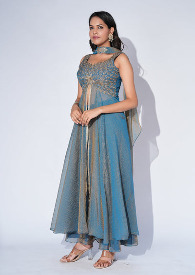 Grey Tissue Anarkali Suit