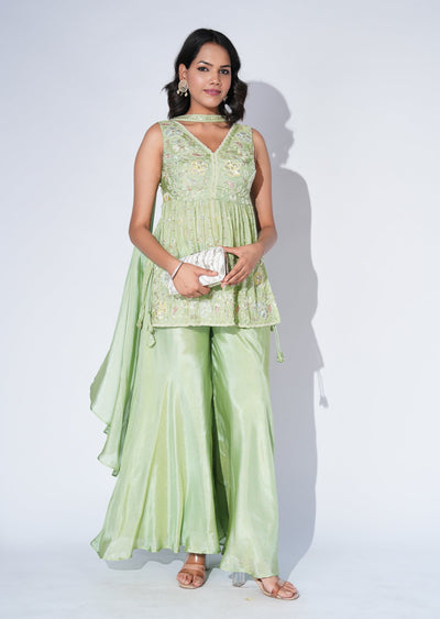 Green Tissue Sharara Set
