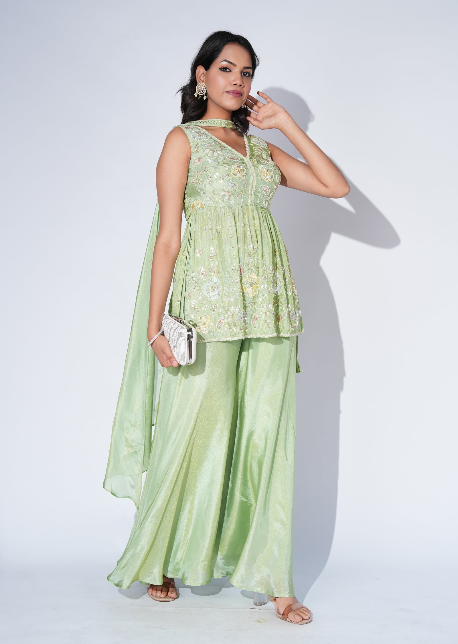 Green Tissue Sharara Set