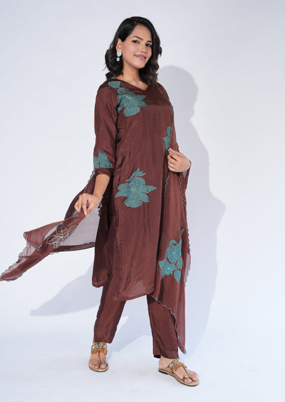 Brown Silk Straight cut Suit