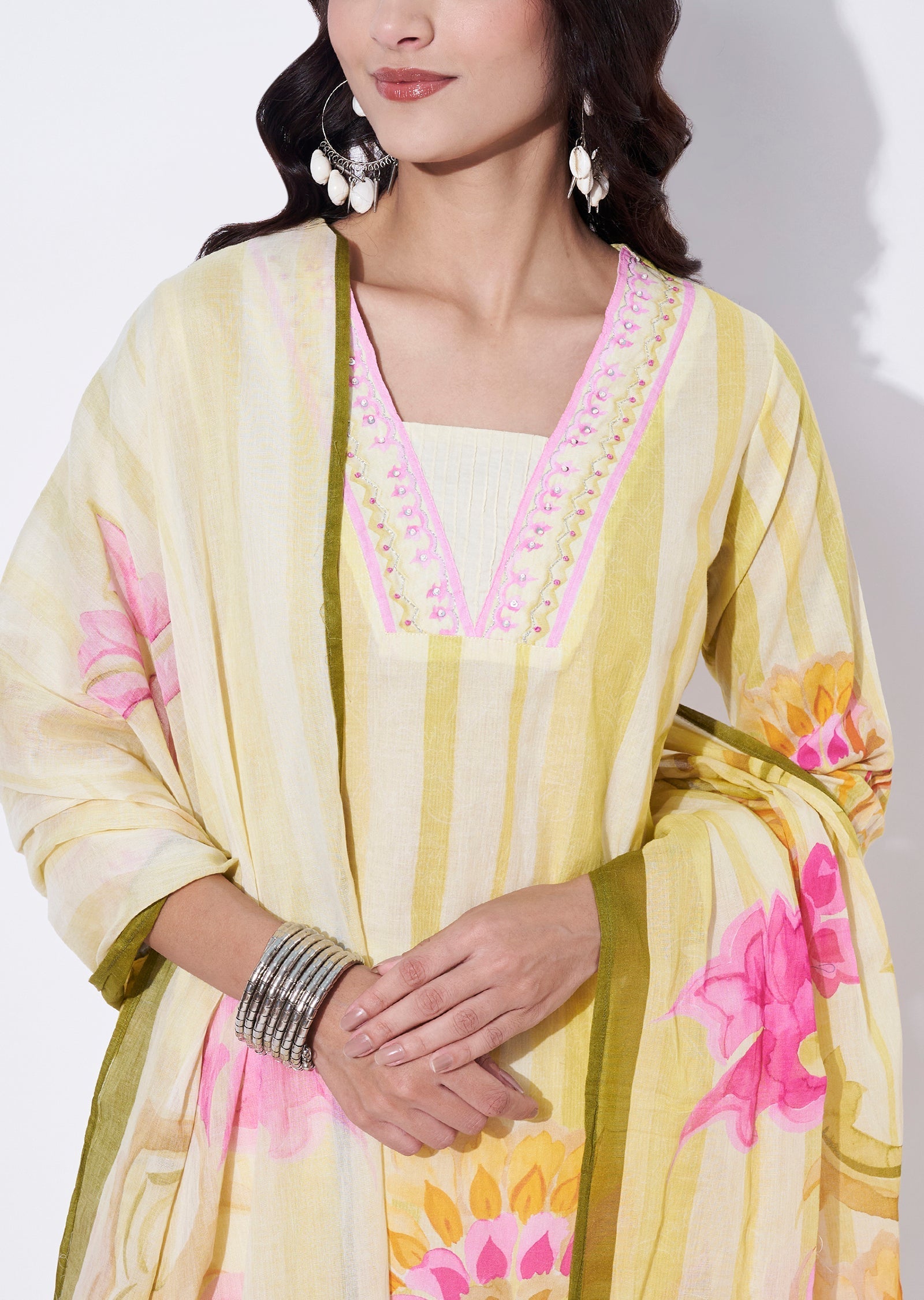 Yellow Cotton straight cut Suit