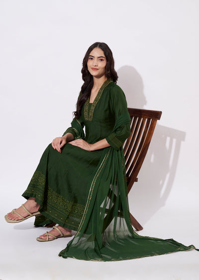 Olive green Gold Anarkali Suit