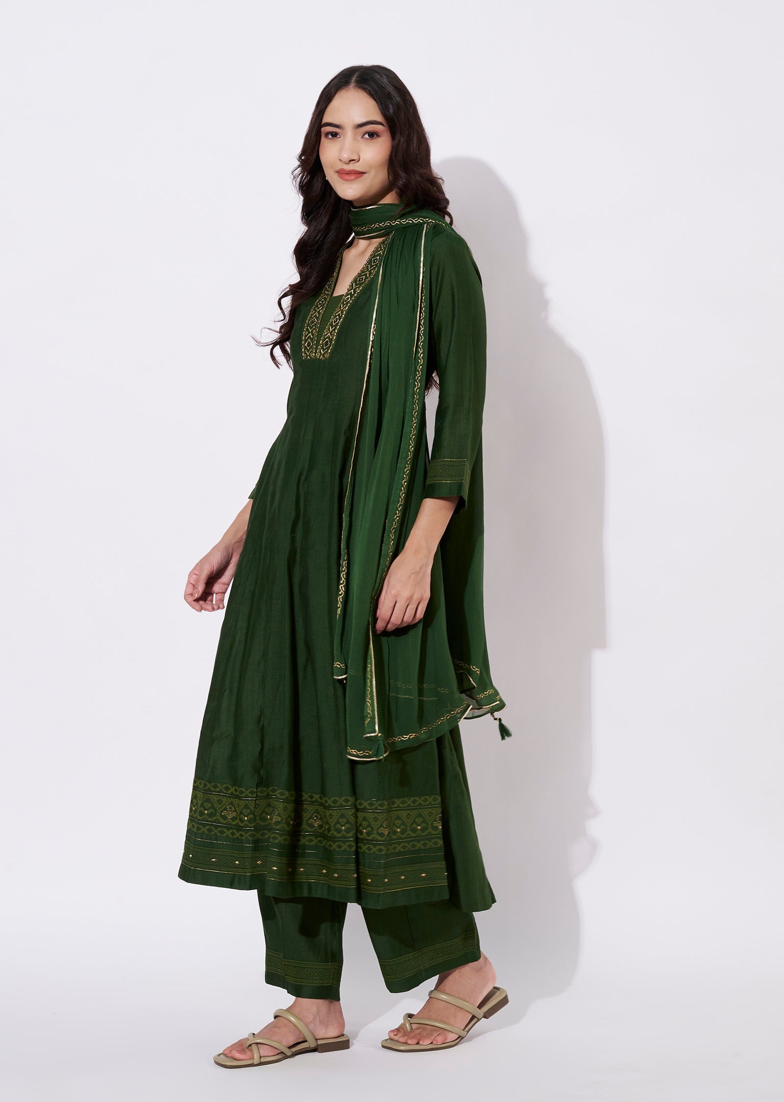 Olive green Gold Anarkali Suit