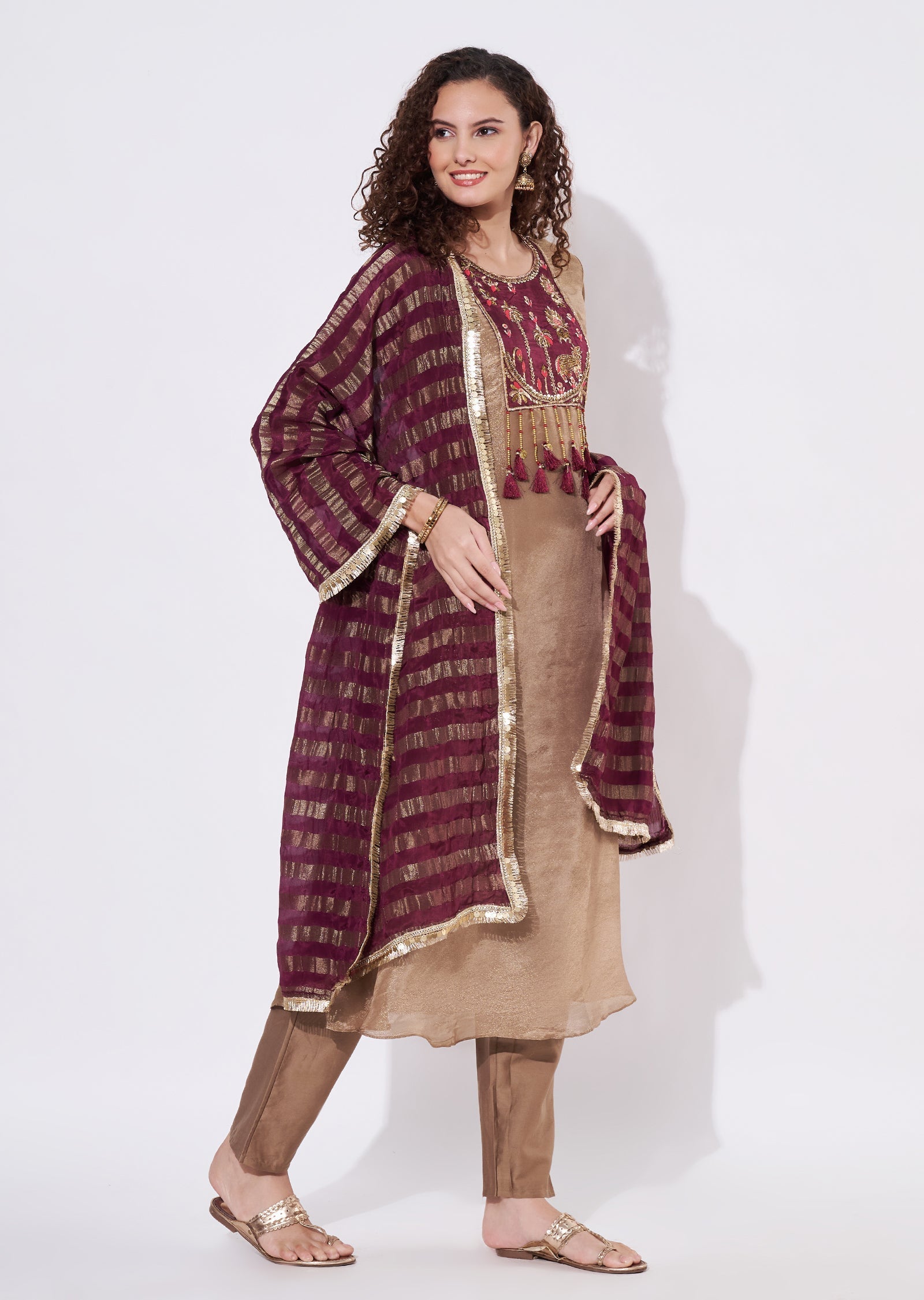 Brown Tissue Anarkali Suit