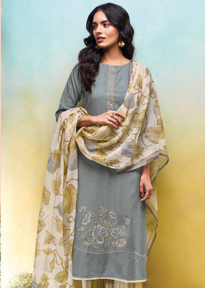 Grey Cotton Straight cut Suit