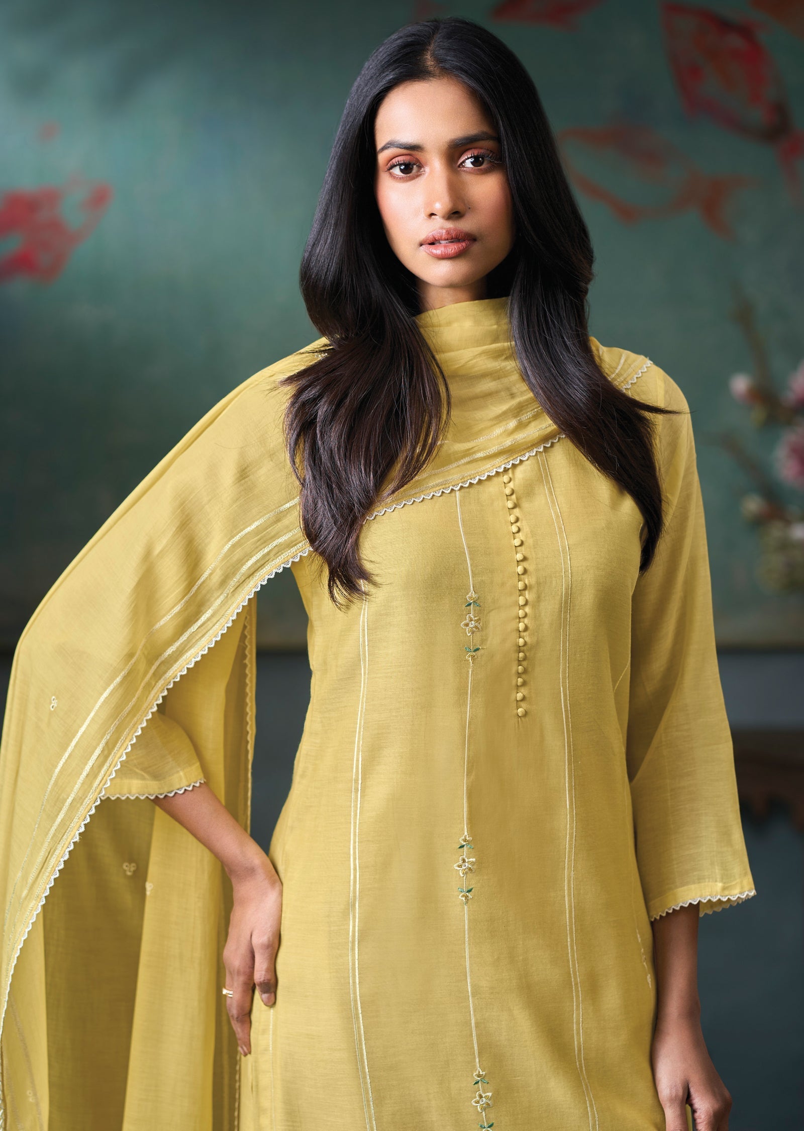 Yellow Mul Chanderi Straight cut Suit