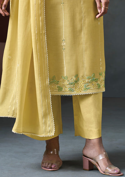 Yellow Mul Chanderi Straight cut Suit