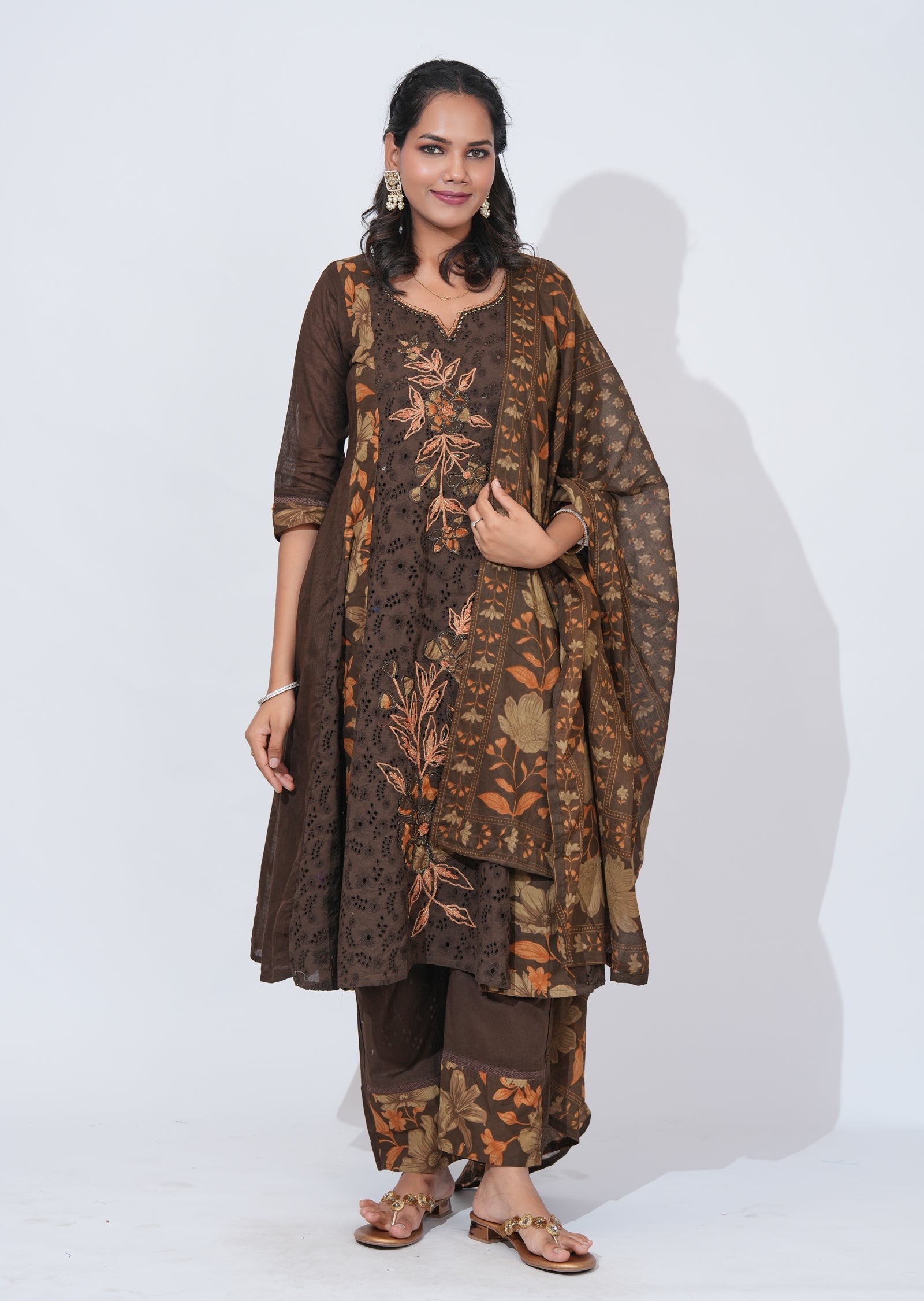 Brwon Cotton Anarkali Suit