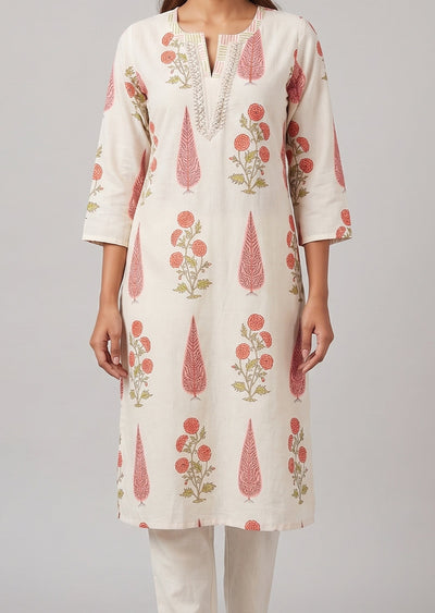 Off White & Peach Printed Cotton Kurti Set