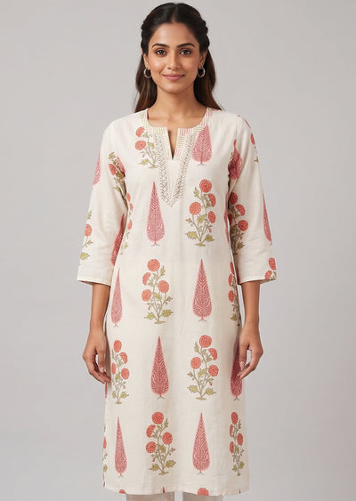 Off White & Peach Printed Cotton Kurti Set