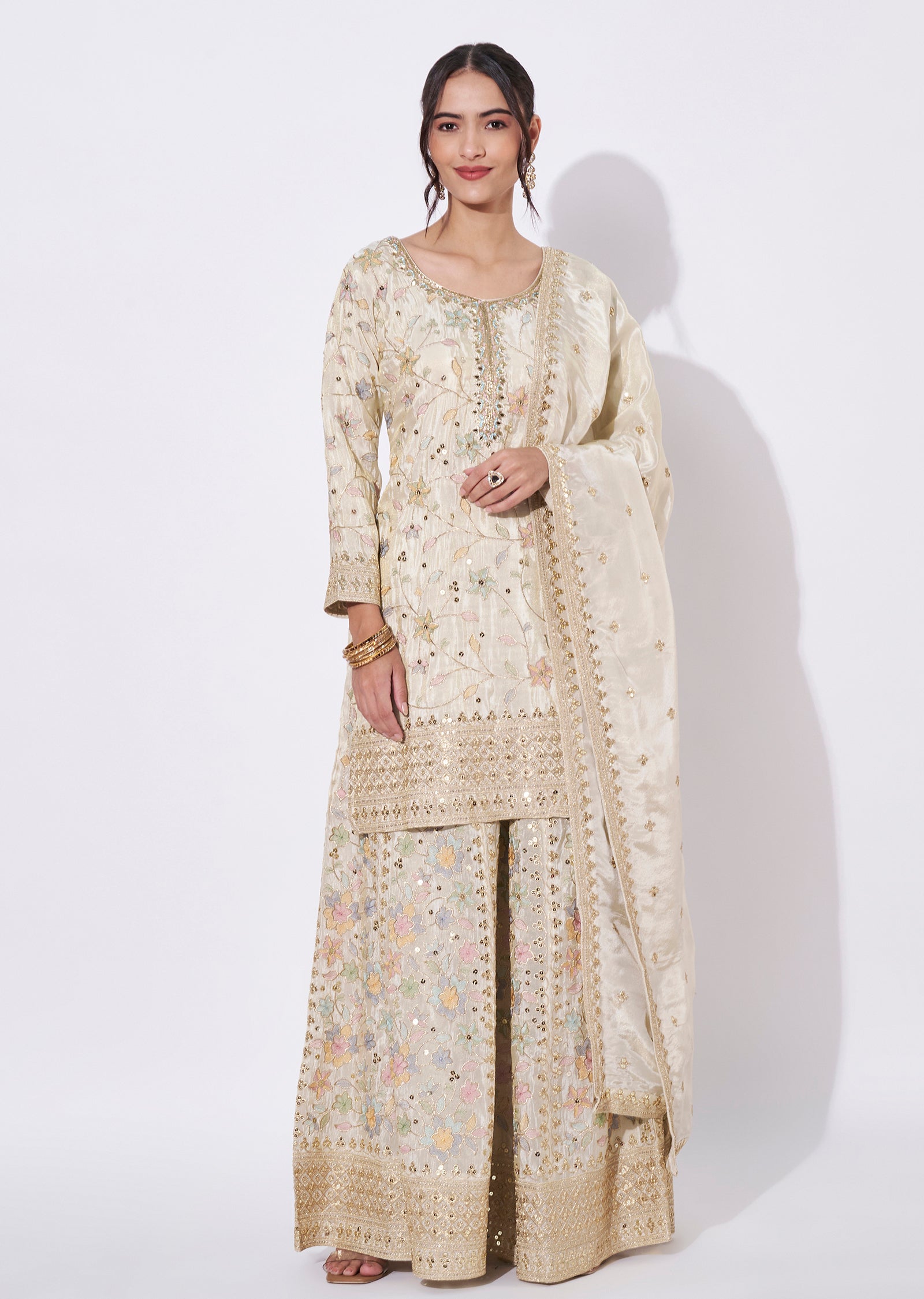 Cream Tissue Sharara Set